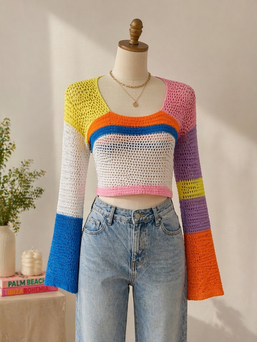 Crochet Colorblock Long-Sleeve Crop Top - Multicolor